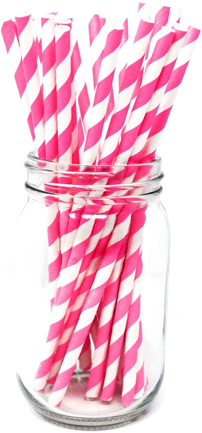 Pink Stripe Paper Eco Straws - Normal length 200mm/6mm - 250 straws pack